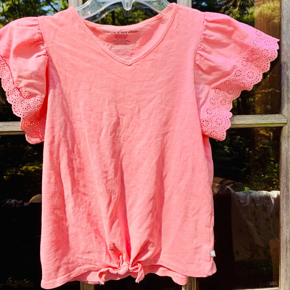 Lucky Brand girls pink crop front twist embroidered eyelet lace shirt